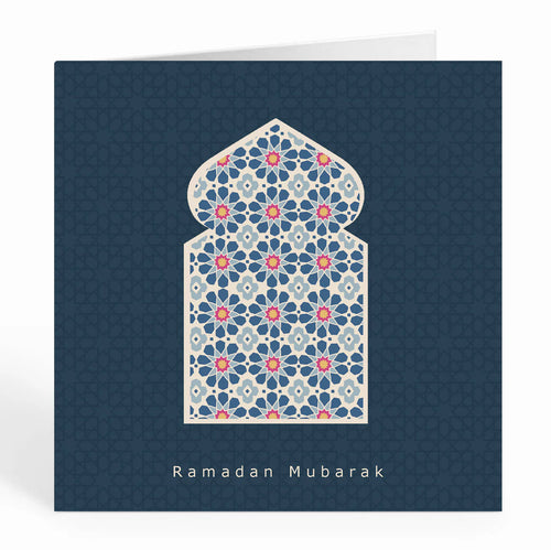 Ramadan Mubarak Card - Arabian Arch over Navy Geometric Background