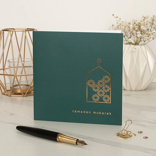 Ramadan Mubarak Gold Foiled Greeting Card in Forest Green