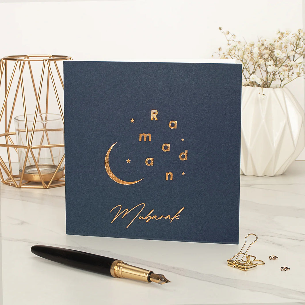 Ramadan Mubarak gold foiled card in Navy blue